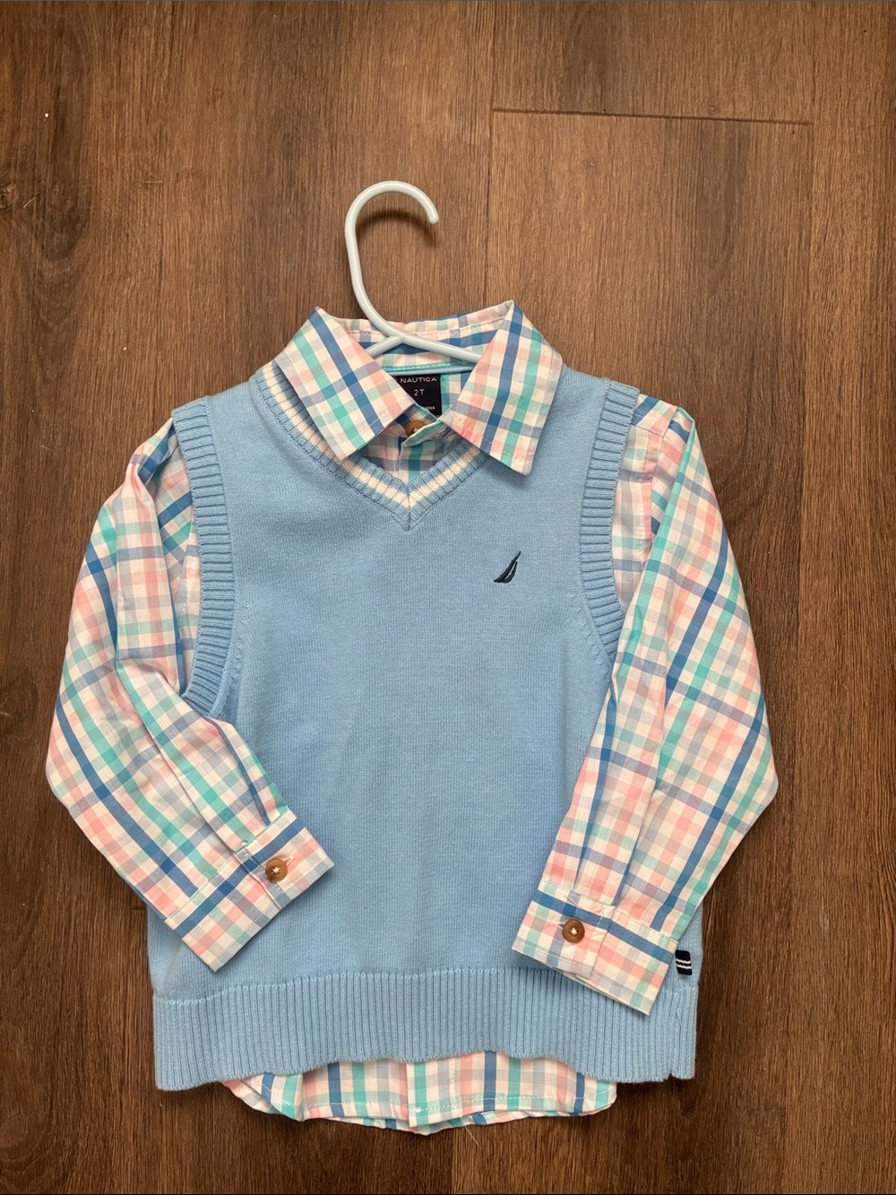 Nautica Light Blue Sweater Vest with Plaid Shirt - 2T